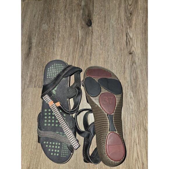 Camper Wedge Strappy Sandals Sz 37 US 7 EUC Brown Leather Fabric Patterned - Picture 5 of 8